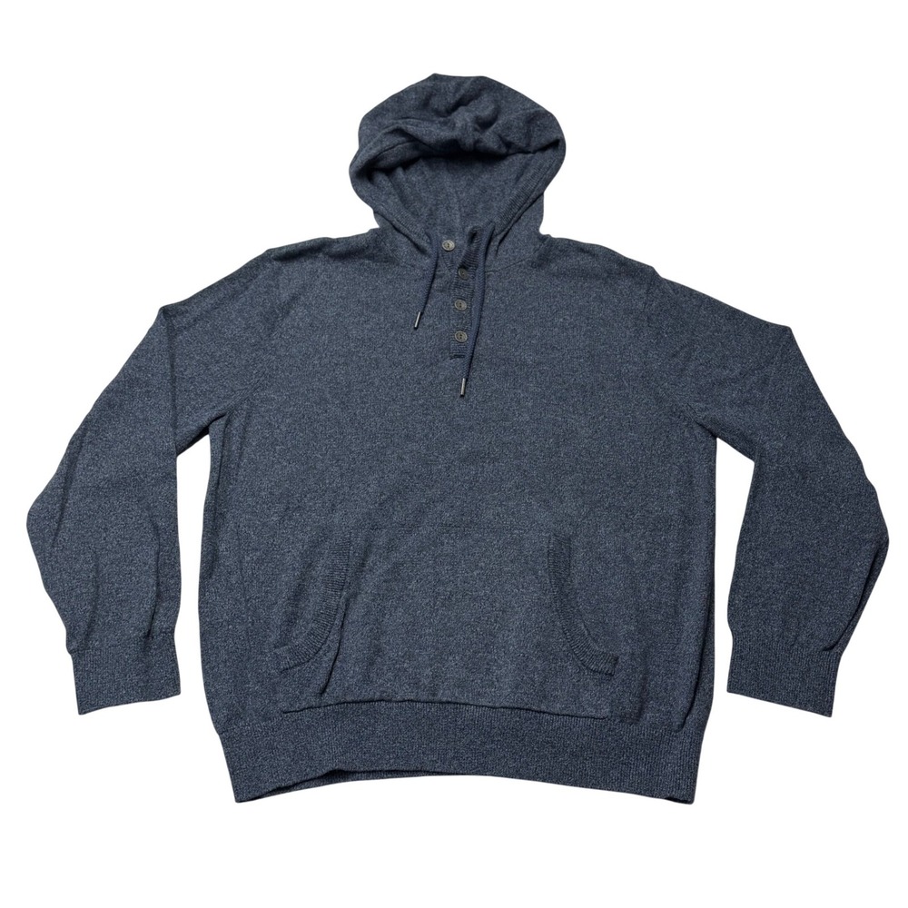 LL Bean Mens Henley Hoodie Sweater Cotton Knit Blue Marl Large Preppy
